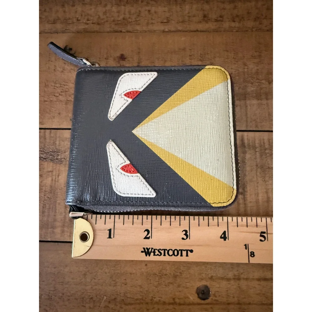 Fendi Wallet Mens Black Leather Zip Around Bifold Monster Eyes Logo Coin Pocket